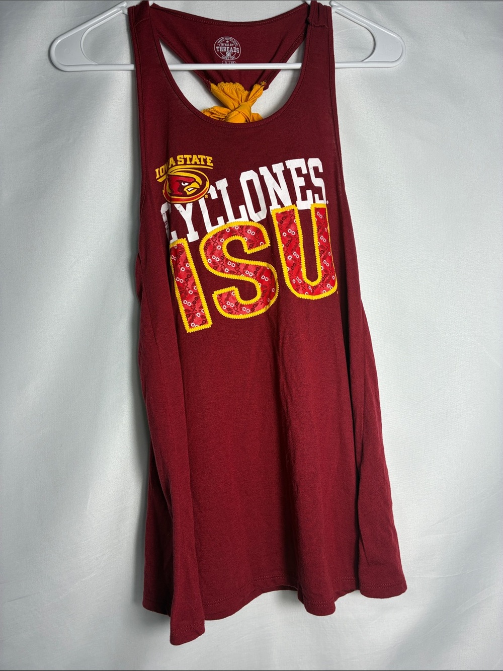 Iowa State Cyclones Rivalry Threads Burgundy Tank Top with Yellow bow on back
